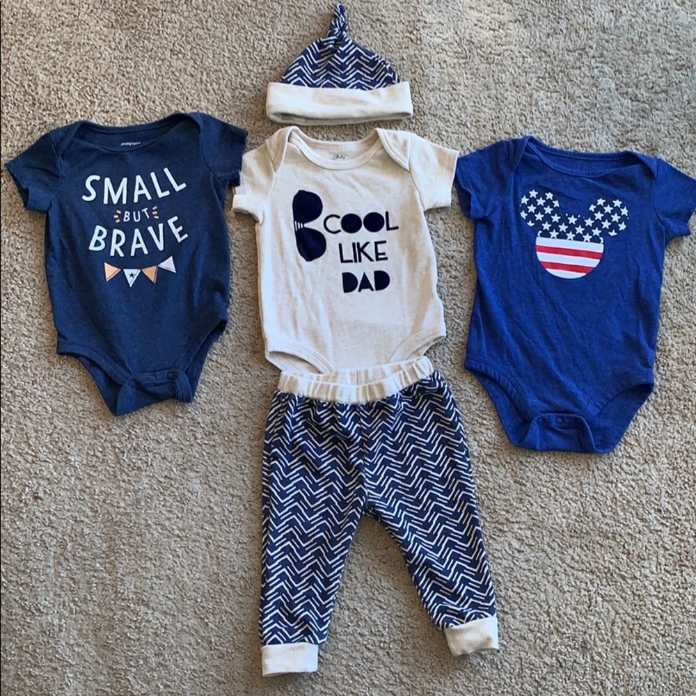 Baby Boy 9M Clothing Lot-THREE onesies, Pants, Hat
